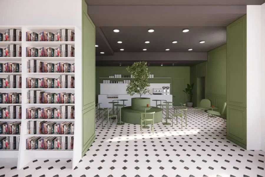 Уютная кофейня Щегол в книжном магазине Буквоед на Невском проспекте со столиками между книжными полками