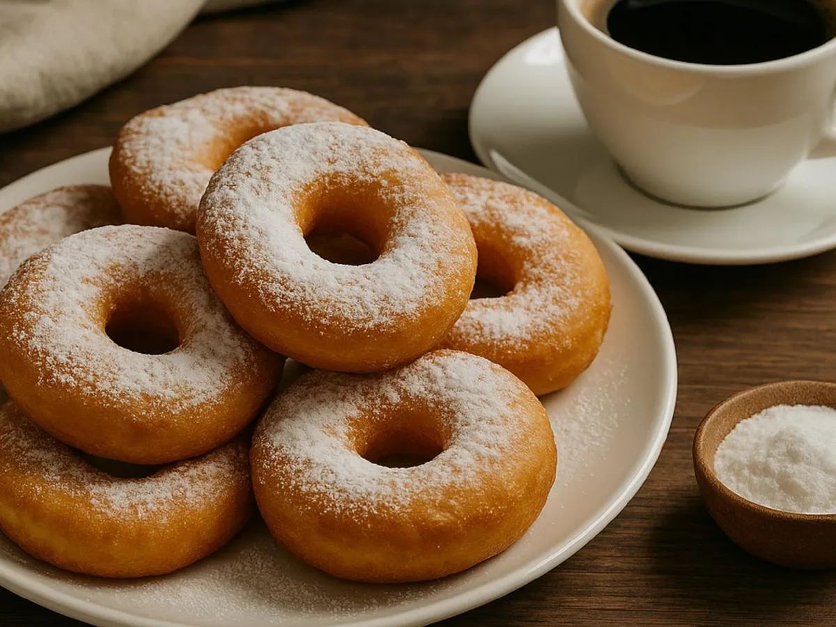Пышки с сахарной пудрой и чашка кофе
