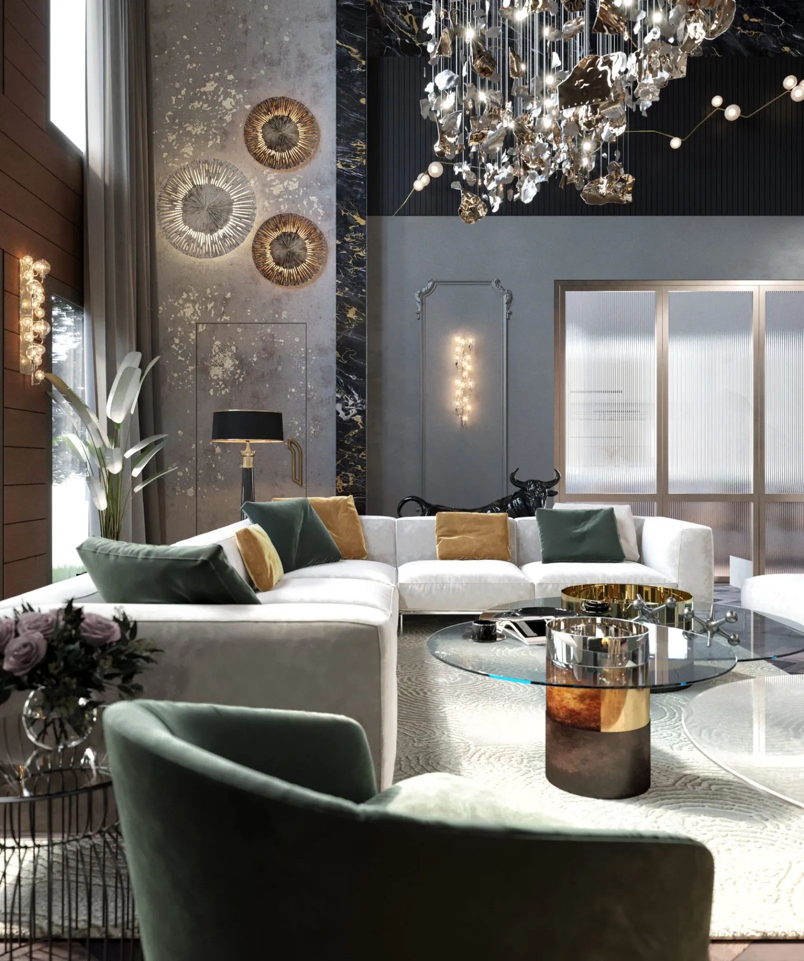 Гостиная в доме для семьи в Солнечном (600 м²) — проект I AM DESIGN STUDIO, мрамор и латунная люстра на двойную высоту потолка
