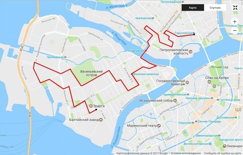 Велосипедный маршрут от метро Горьковская до Большого проспекта В.О.