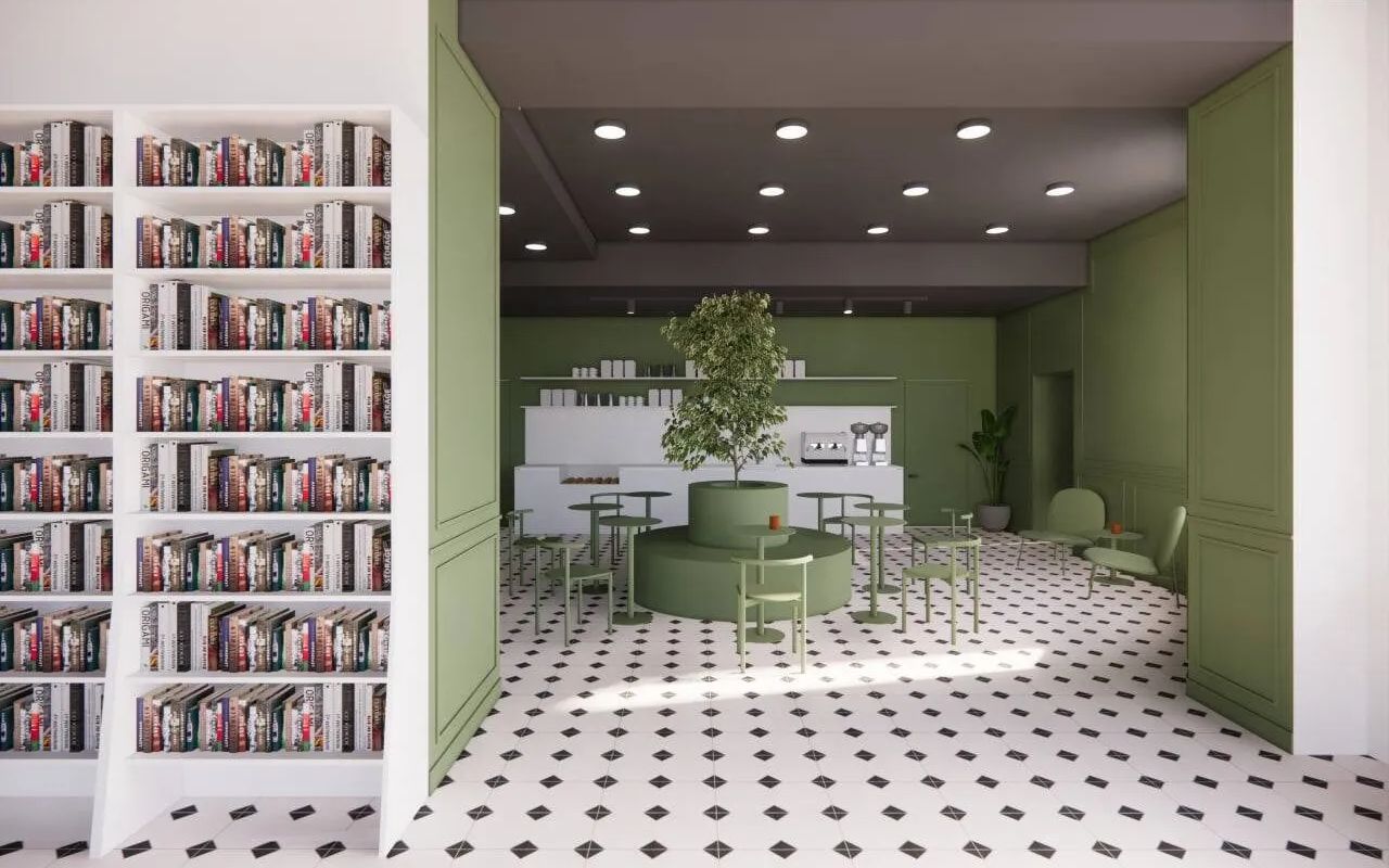 Уютная кофейня Щегол в книжном магазине Буквоед на Невском проспекте со столиками между книжными полками