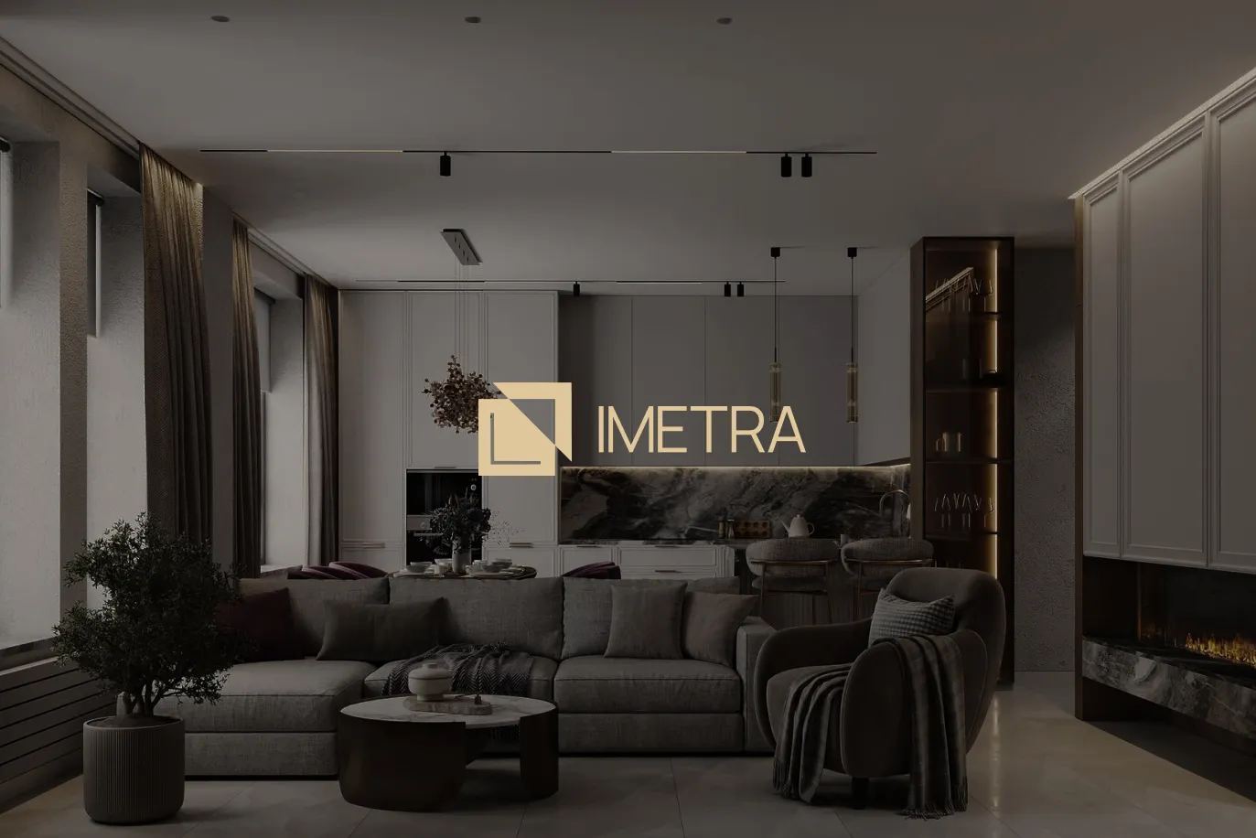 Гостиная IMETRA — тёмная палитра и камин
