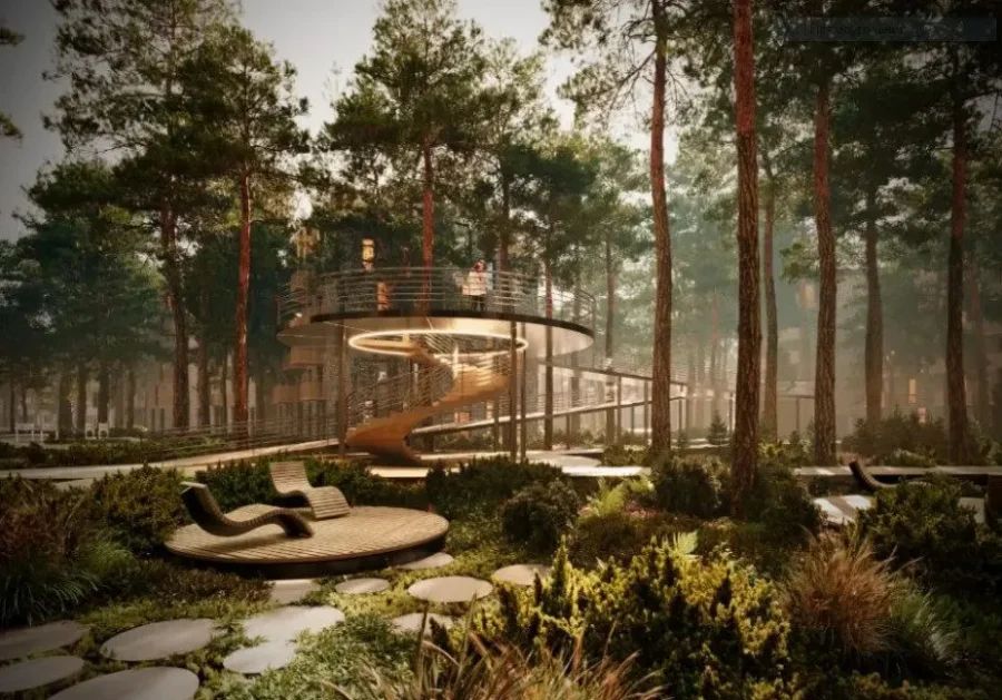 Визуализация курорта Рощино Residence среди соснового леса