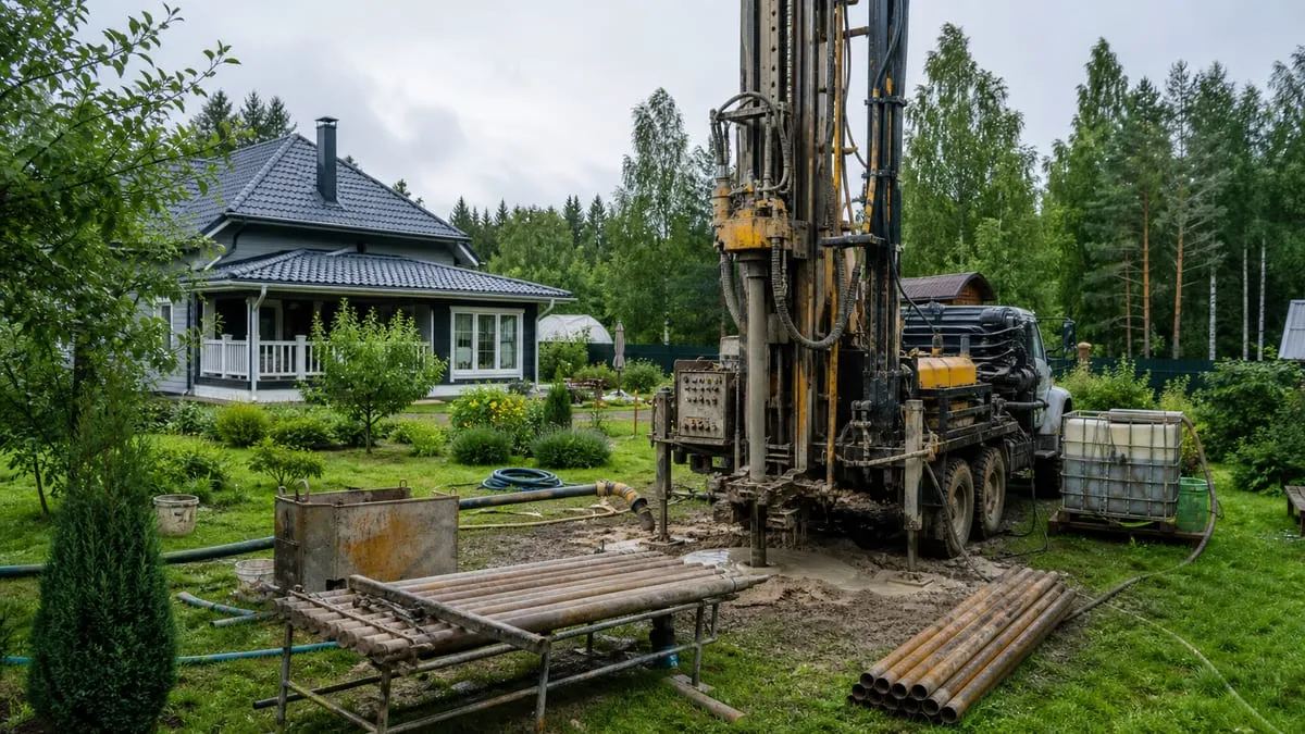 Буровая установка на участке загородного дома в Ленобласти